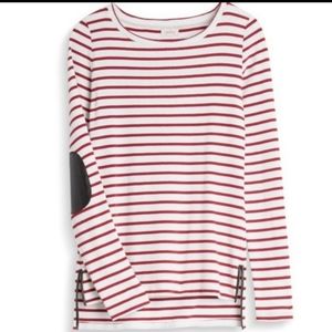 Pixley burgundy striped black faux leather elbow patch long sleeve shirt